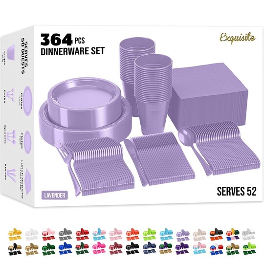 Exquisite; Exquisite 350 Pcs Plastic Plates for Party – Disposable Plates Set – 50 Each of 9" Dinner Plates, 7" Dessert Plates, Plastic Cups, Napkins & Plastic Cutlery – Plastic Dinnerware by Party Solids; Category:Plates; Image:1